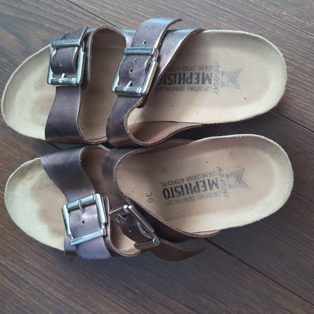 Mephisto Shiny Bronze Buckle Wedge Sandals - Picture 3 of 10